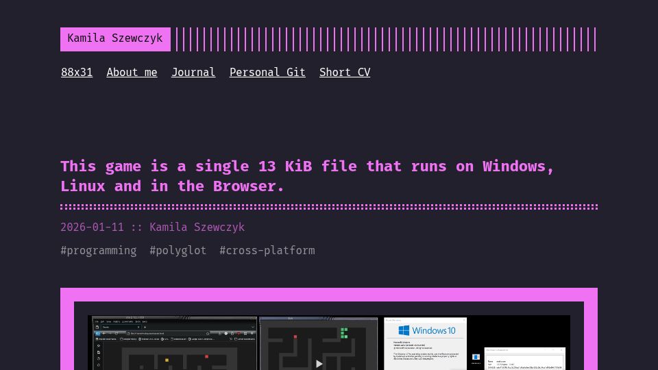 Screenshot of iczelia.net: This game is a single 13 KiB file that runs on Windows, Linux and in the Browser