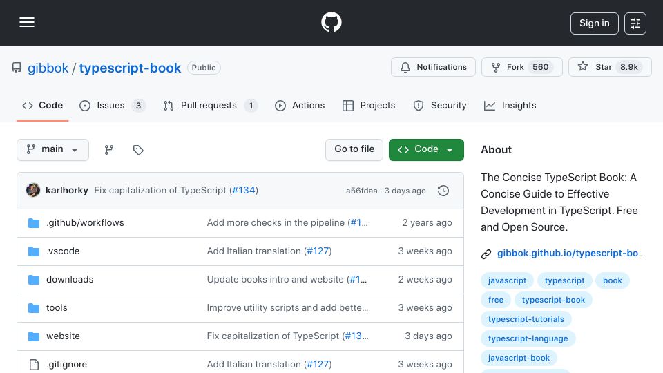 Screenshot of github.com: The Concise TypeScript Book