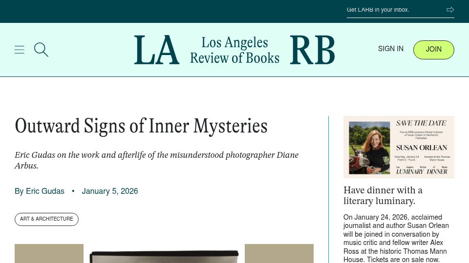 Screenshot of lareviewofbooks.org: Outward Signs of Inner Mysteries