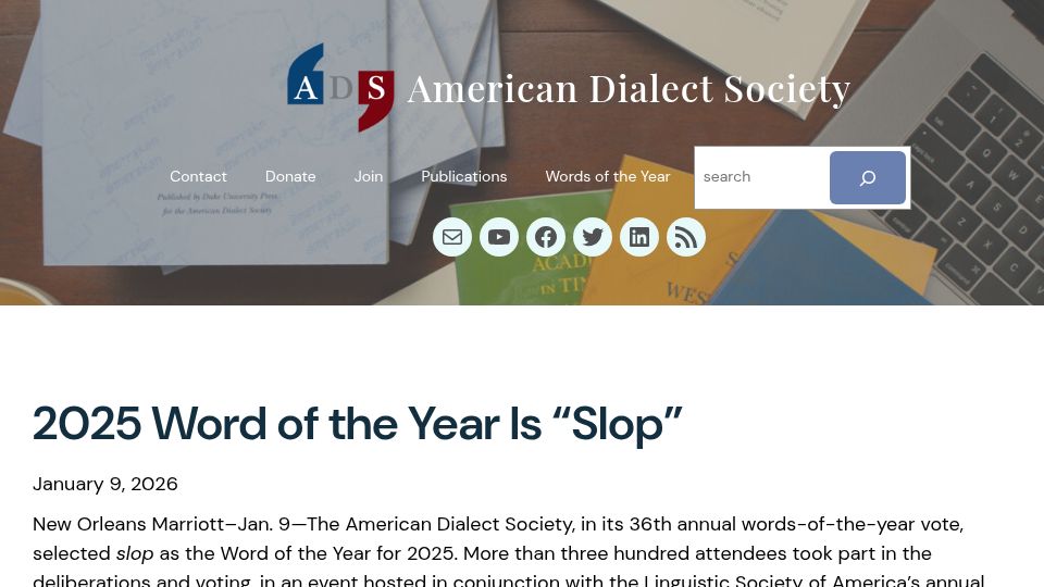Screenshot of americandialect.org: American Dialect Society 2025 Word of the Year Is "Slop"