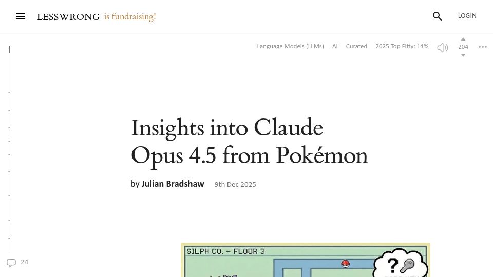 Screenshot of lesswrong.com: Insights into Claude Opus 4.5 from Pokémon