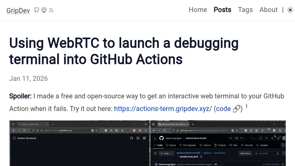 Screenshot of blog.gripdev.xyz: Launch a Debugging Terminal into GitHub Actions