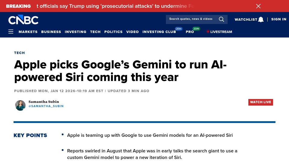 Screenshot of cnbc.com: Apple picks Gemini to power Siri