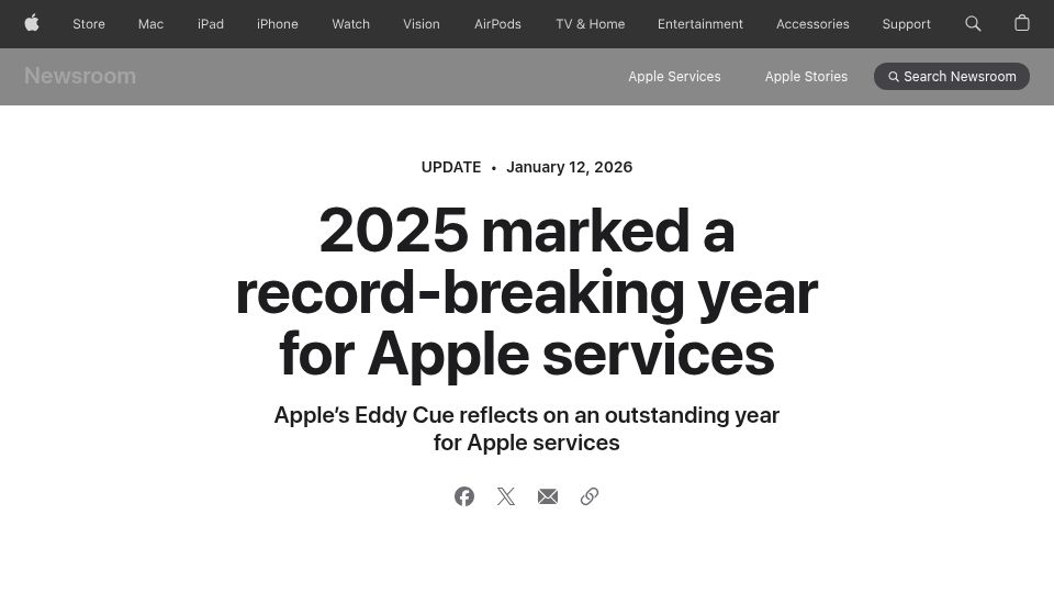 Screenshot of apple.com: 2025 marked a record-breaking year for Apple services