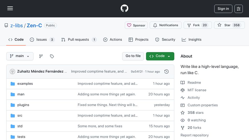 Screenshot of github.com: Zen-C: Write like a high-level language, run like C