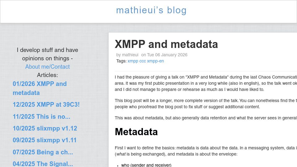 Screenshot of blog.mathieui.net: XMPP and Metadata