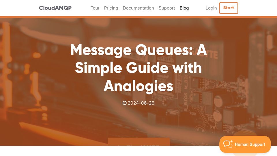 Screenshot of cloudamqp.com: Message Queues: A Simple Guide with Analogies (2024)