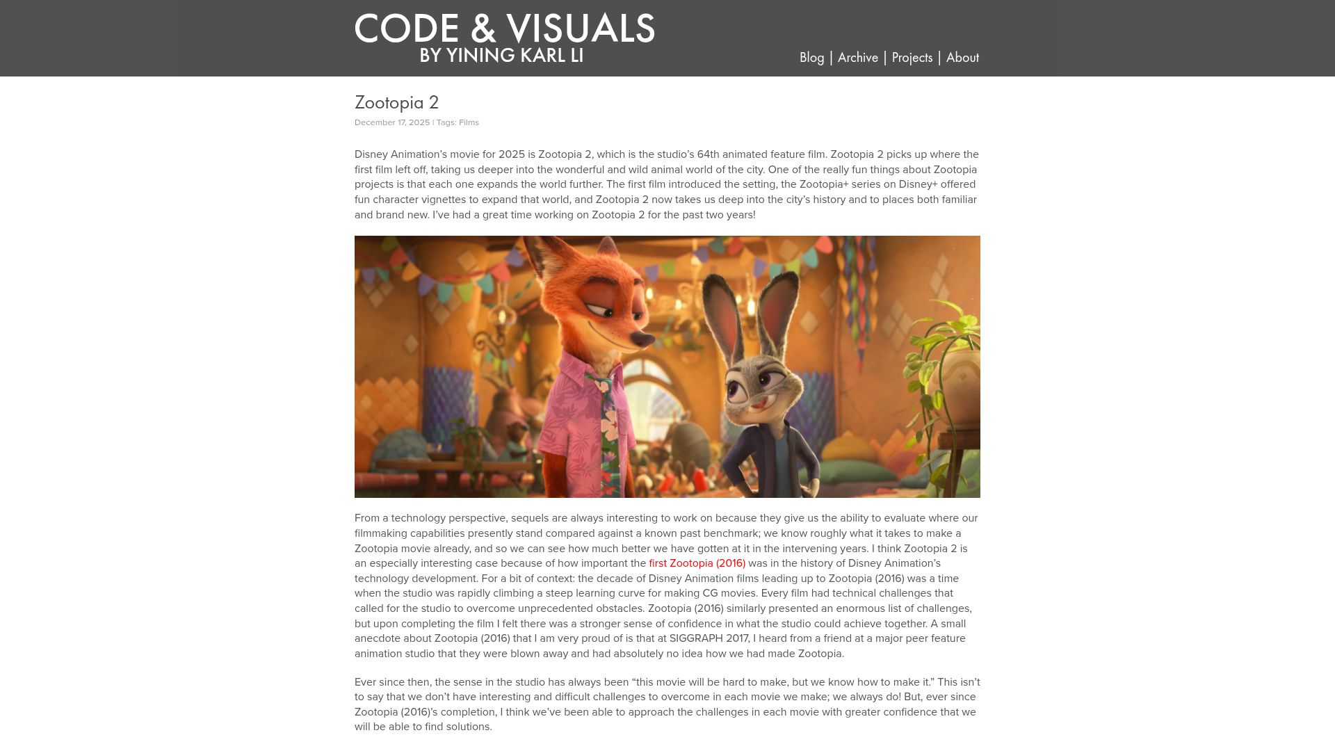 Screenshot of blog.yiningkarlli.com: Personal thoughts/notes from working on Zootopia 2