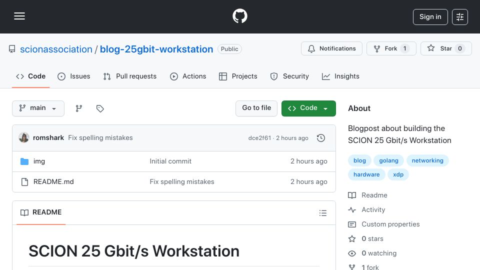 Screenshot of github.com: Building a 25 Gbit/s workstation for the SCION Association