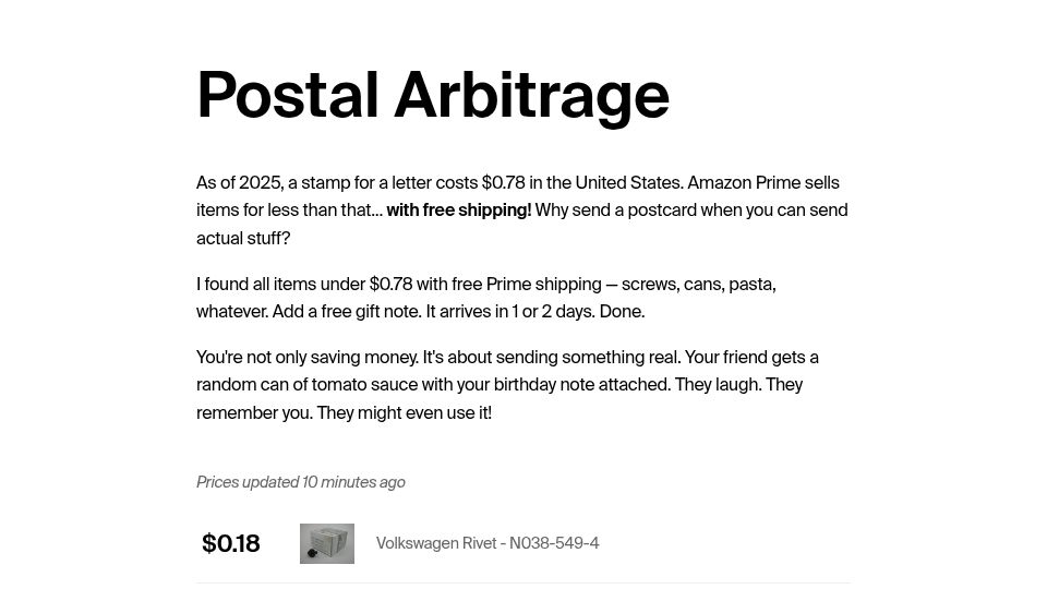 Screenshot of walzr.com: Postal Arbitrage