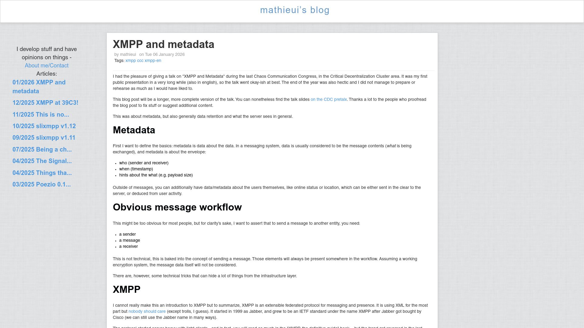 Screenshot of blog.mathieui.net: XMPP and Metadata