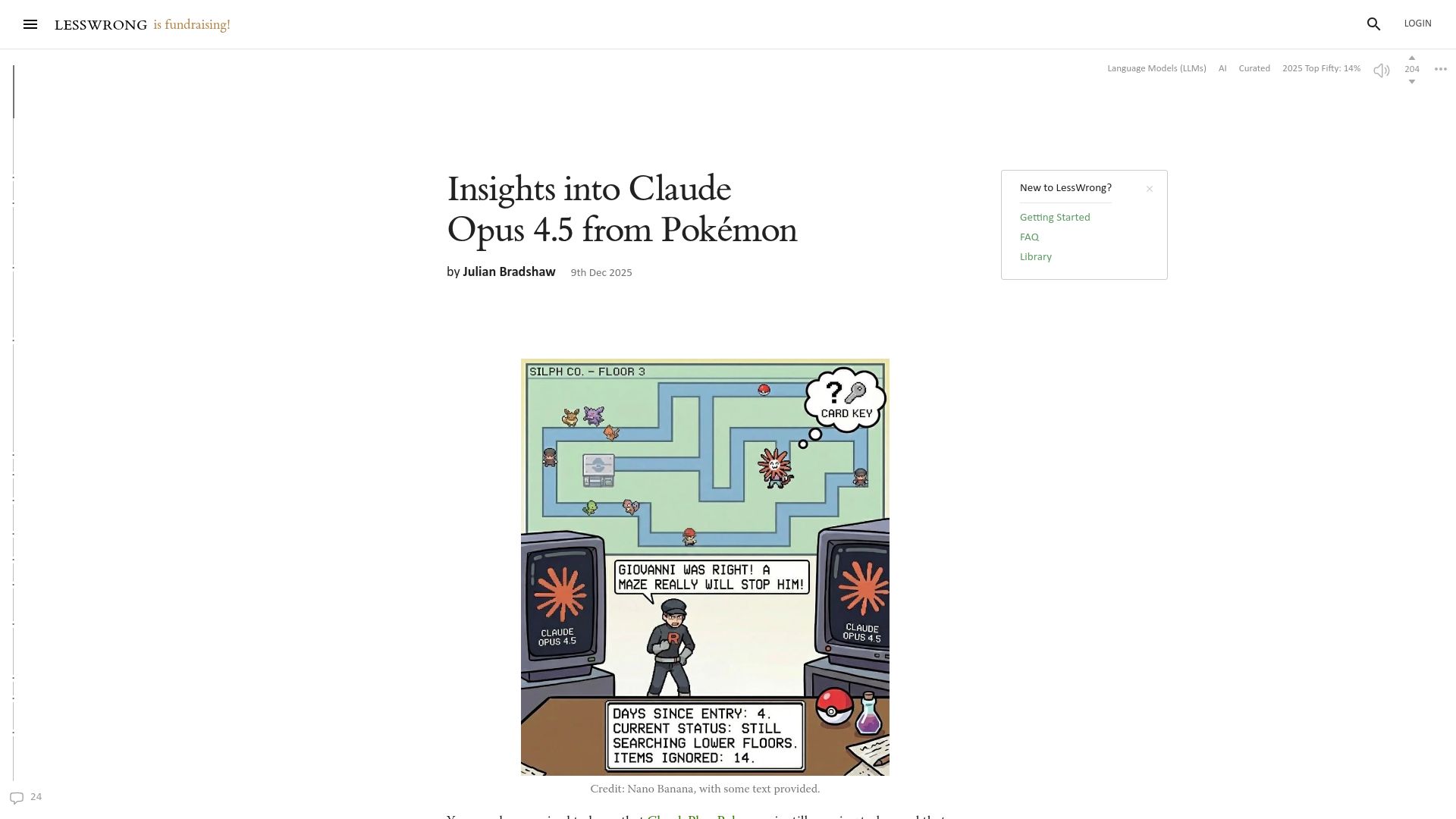 Screenshot of lesswrong.com: Insights into Claude Opus 4.5 from Pokémon