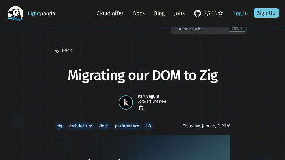 Screenshot of lightpanda.io: Lightpanda migrate DOM implementation to Zig