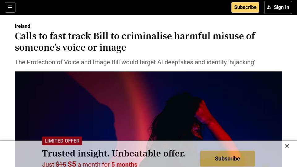Screenshot of irishtimes.com: Ireland fast tracks Bill to criminalise harmful voice or image misuse