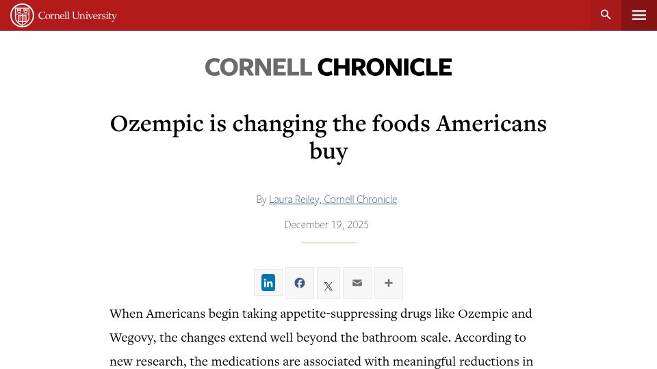 Screenshot of news.cornell.edu: Ozempic is changing the foods Americans buy