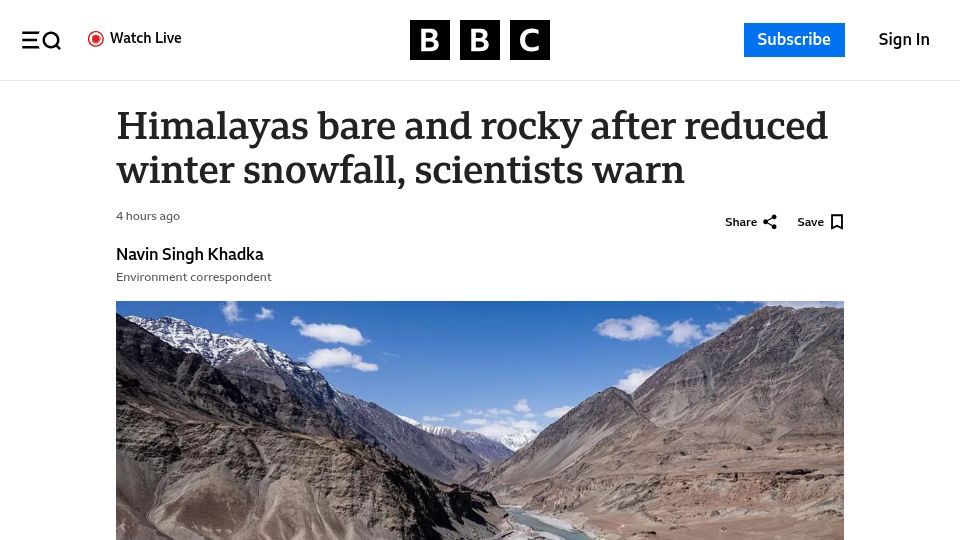 Screenshot of bbc.com: Himalayas bare and rocky after reduced winter snowfall, scientists warn