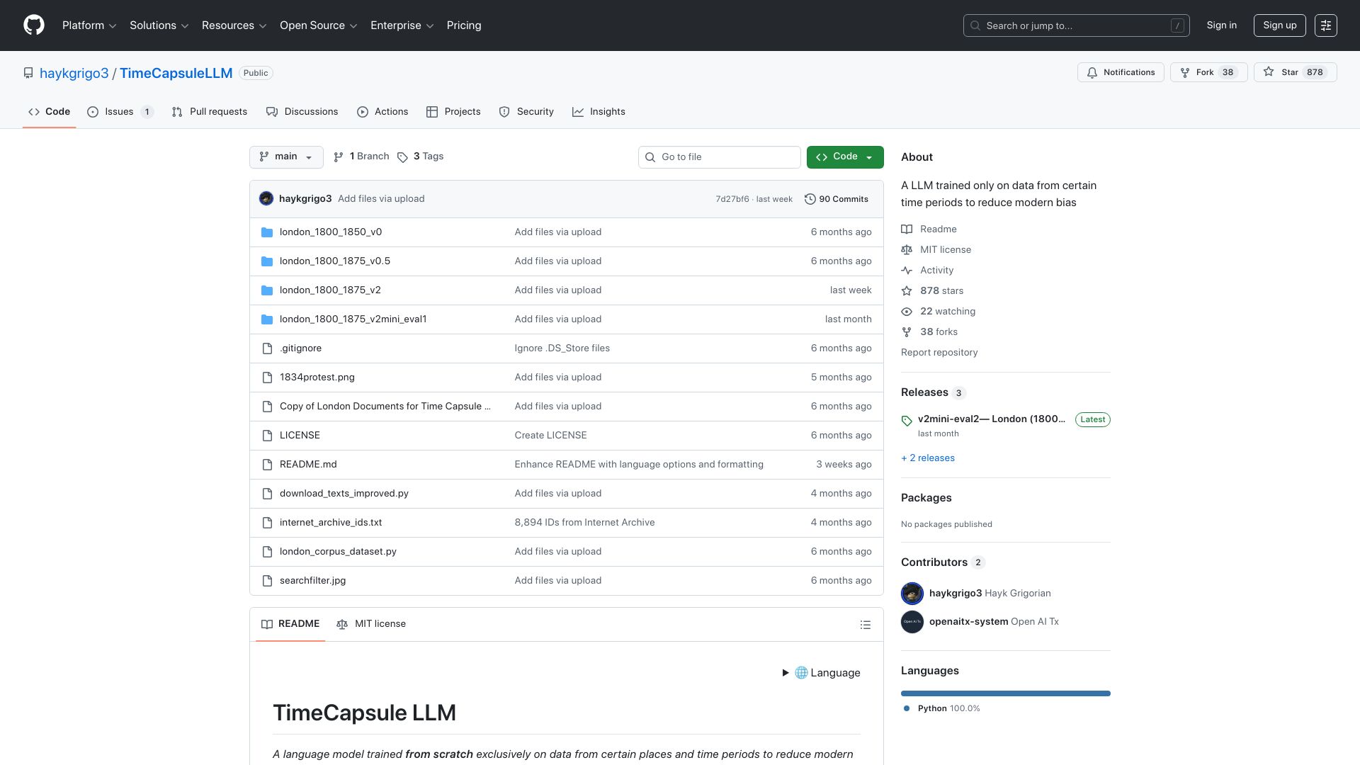 Screenshot of github.com: TimeCapsuleLLM: LLM trained only on data from 1800-1875