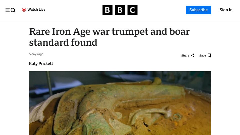 Screenshot of bbc.com: Rare Iron Age war trumpet and boar standard found