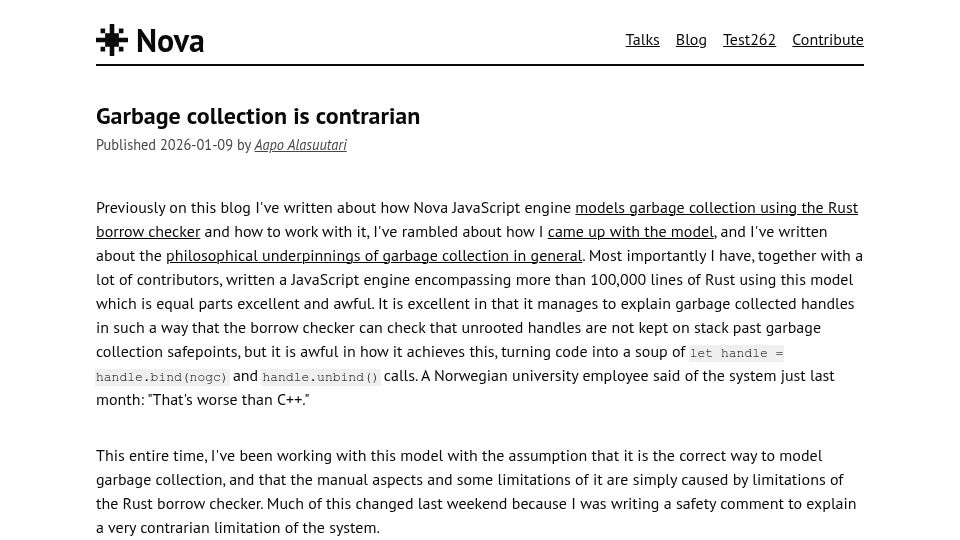 Screenshot of trynova.dev: Garbage collection is contrarian
