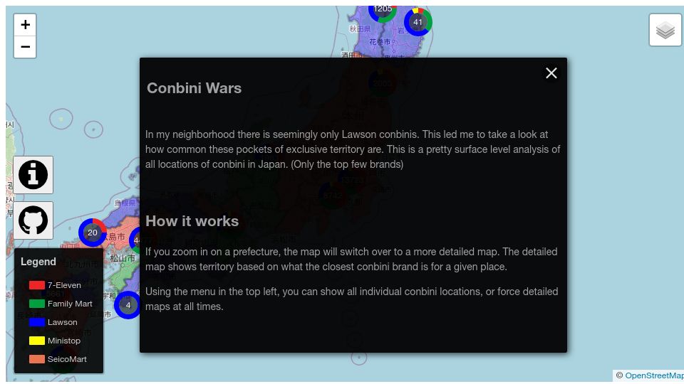 Screenshot of conbini.kikkia.dev: Conbini Wars – Map of Japanese convenience store ratios