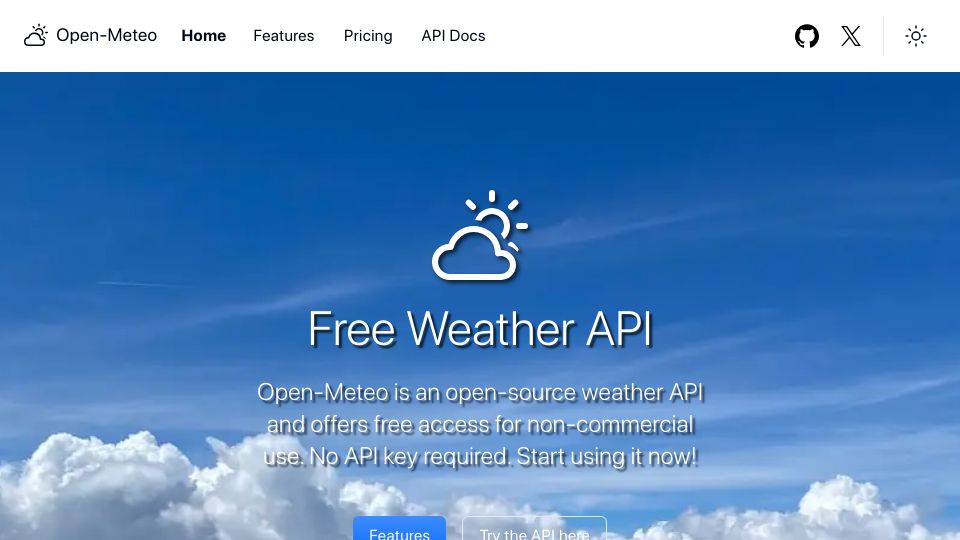 Screenshot of open-meteo.com: Open-Meteo is a free and open-source weather API for non-commercial use