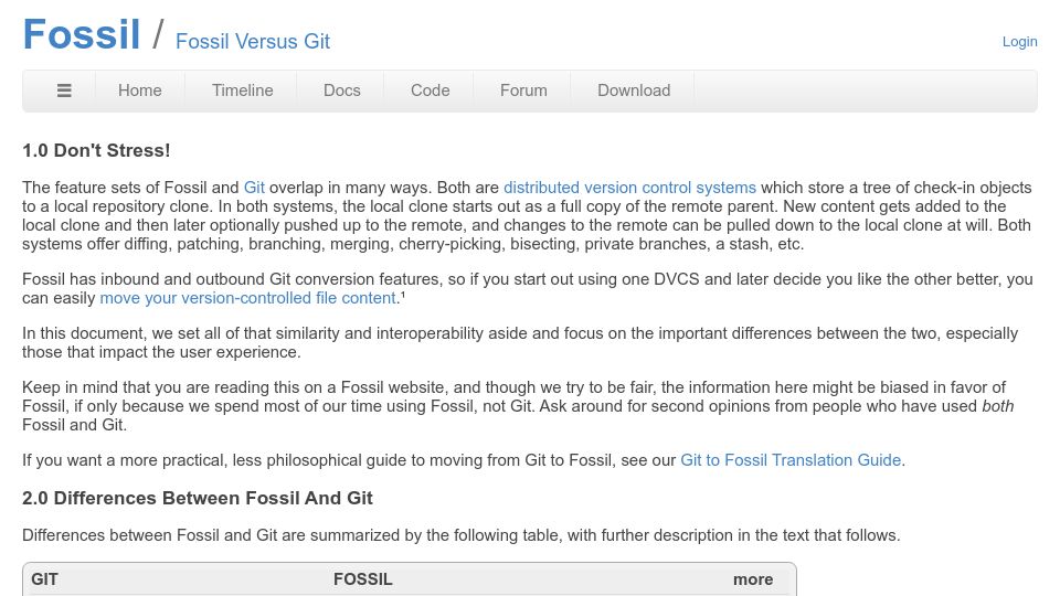 Screenshot of fossil-scm.org: Fossil versus Git