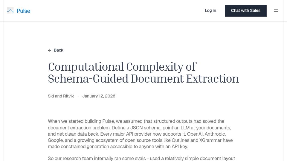 Screenshot of runpulse.com: Computational complexity of schema-guided document extraction