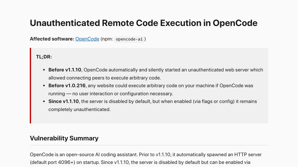 Screenshot of cy.md: Unauthenticated remote code execution in OpenCode