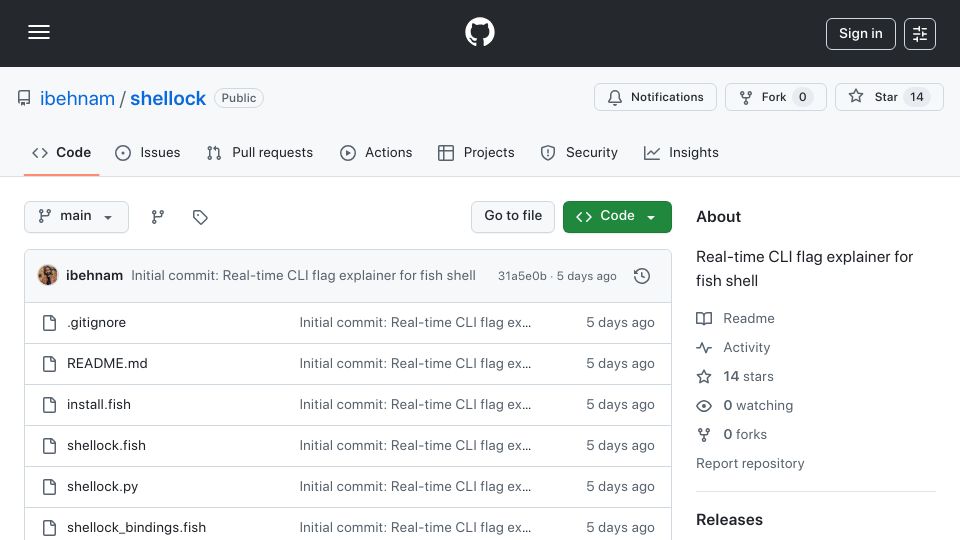 Screenshot of github.com: Show HN: Shellock, a real-time CLI flag explainer for fish shell
