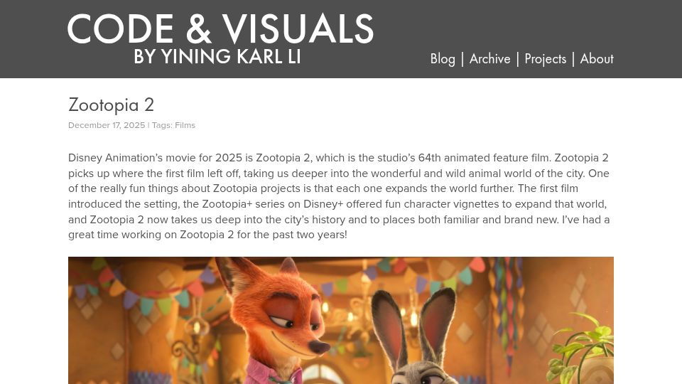 Screenshot of blog.yiningkarlli.com: Personal thoughts/notes from working on Zootopia 2