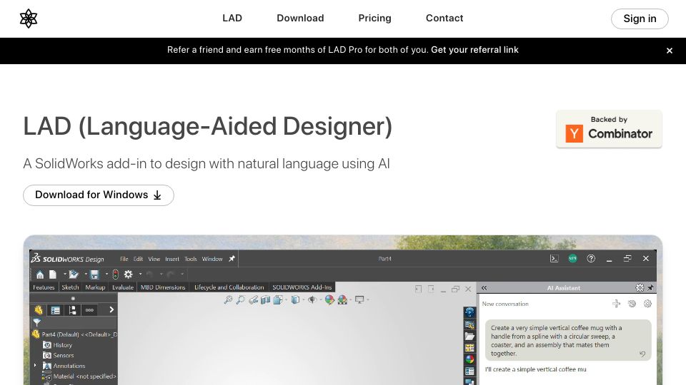 Screenshot of trylad.com: Show HN: AI in SolidWorks