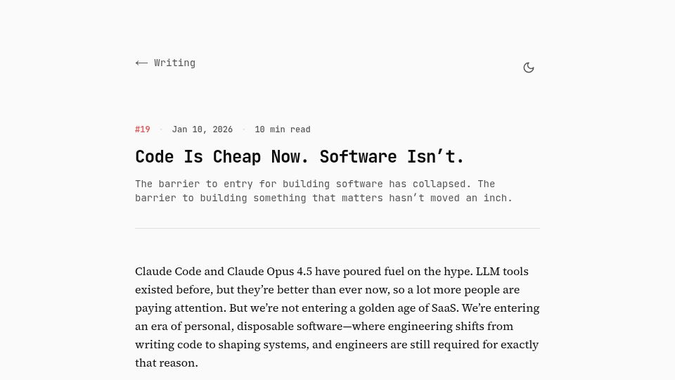 Screenshot of chrisgregori.dev: Code is cheap now, but software isn't