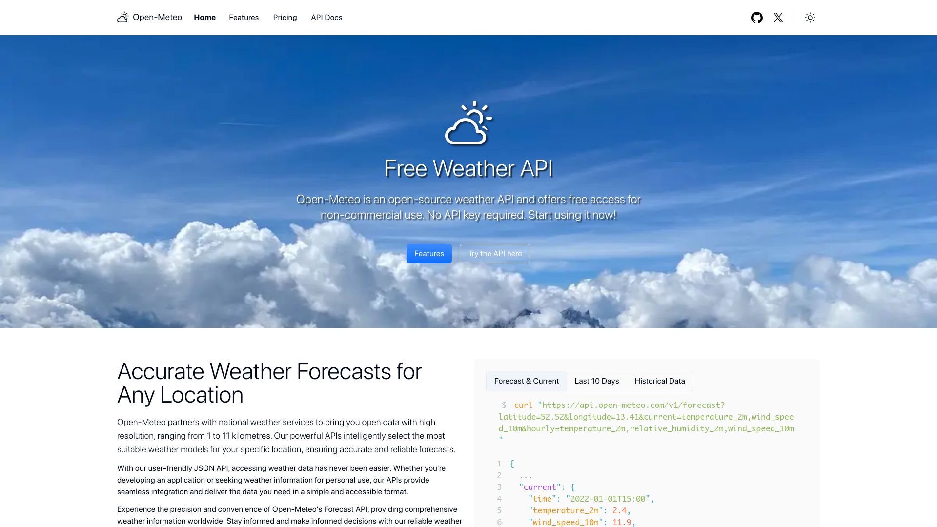 Screenshot of open-meteo.com: Open-Meteo is a free and open-source weather API for non-commercial use