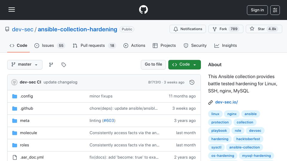 Screenshot of github.com: Ansible battle tested hardening for Linux, SSH, Nginx, MySQL