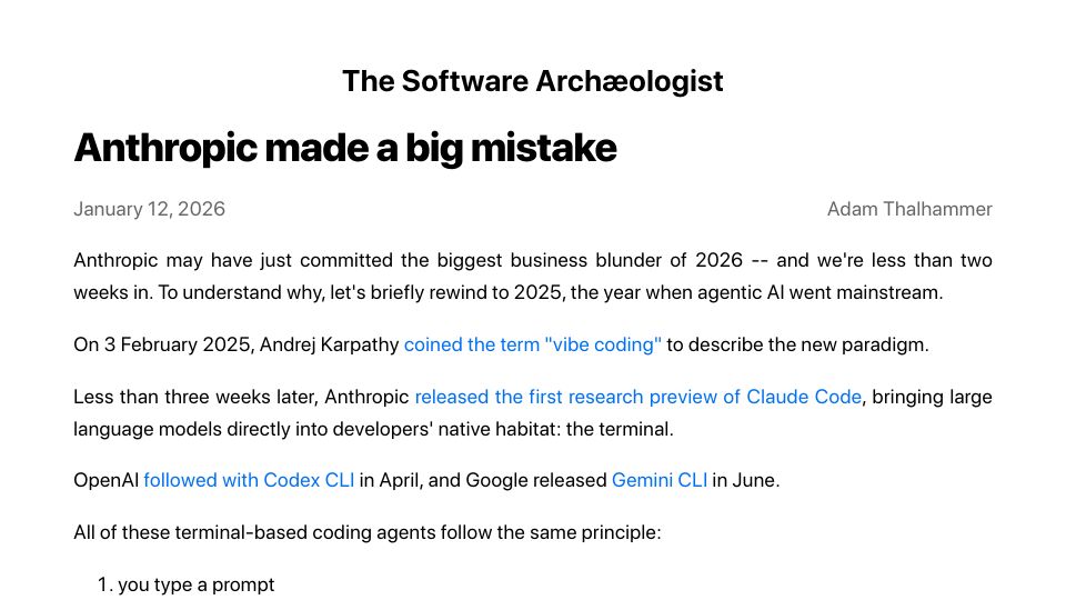 Screenshot of archaeologist.dev: Anthropic made a mistake in cutting off third-party clients