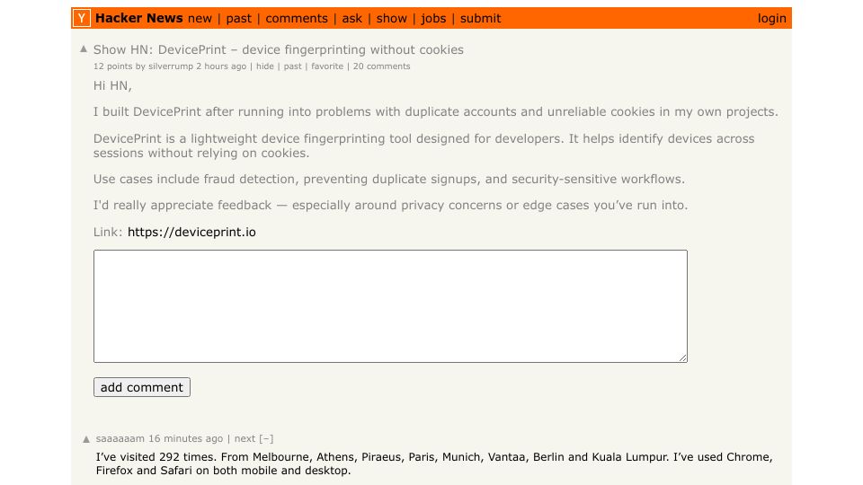 Screenshot of Hacker News post: Show HN: DevicePrint – device fingerprinting without cookies