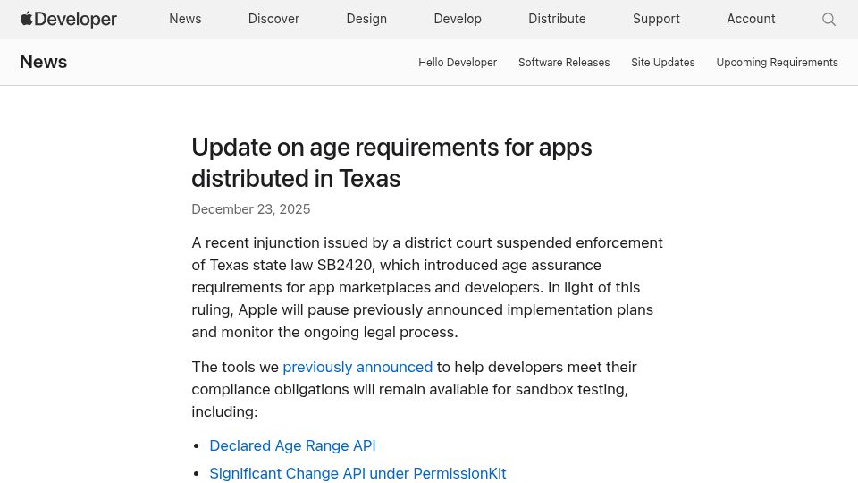 Screenshot of developer.apple.com: Update on age requirements for apps distributed in Texas