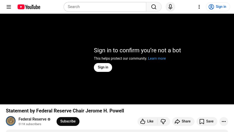 Screenshot of youtube.com: Statement by Federal Reserve Chair Jerome F. Powell [video]