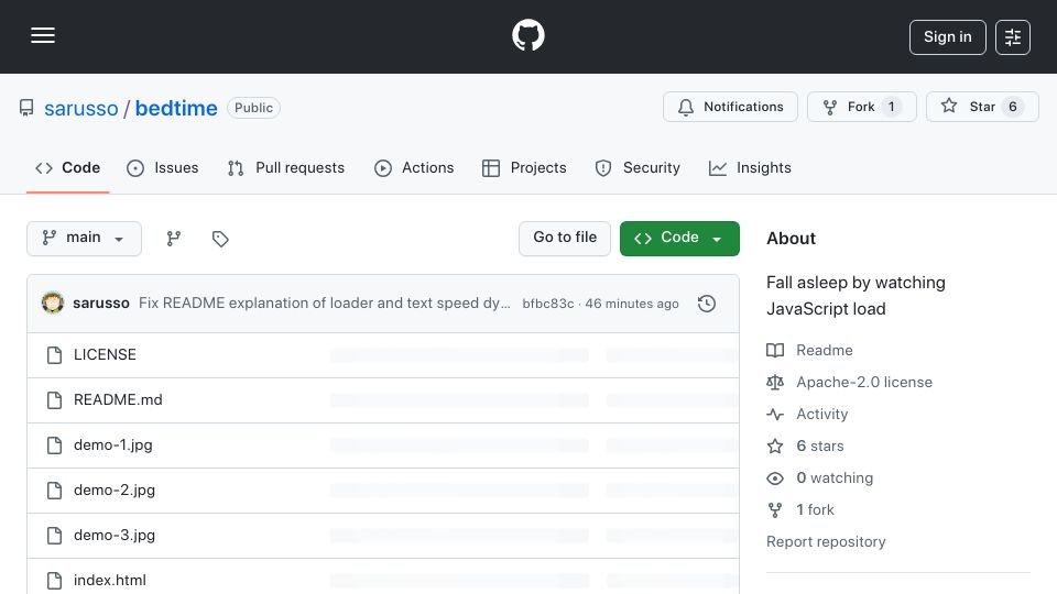 Screenshot of github.com: Show HN: Fall asleep by watching JavaScript load