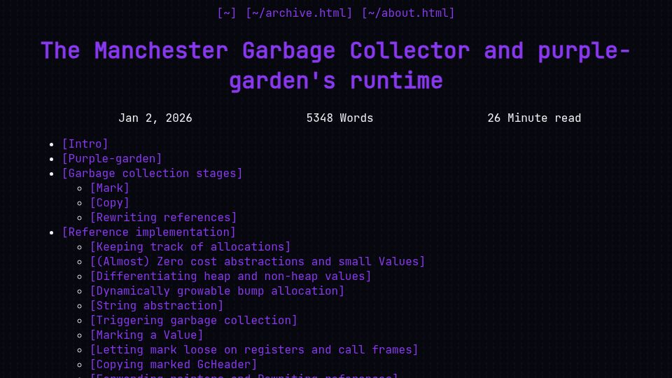 Screenshot of xnacly.me: The Manchester Garbage Collector and purple-garden's runtime