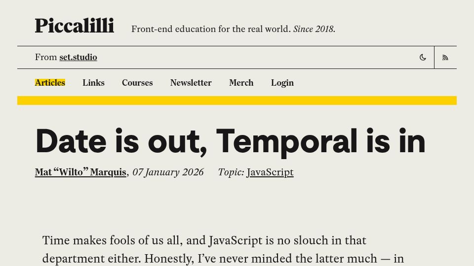 Screenshot of piccalil.li: Date is out, Temporal is in