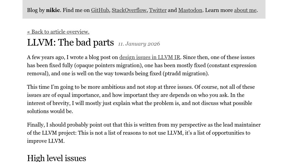 Screenshot of npopov.com: LLVM: The bad parts