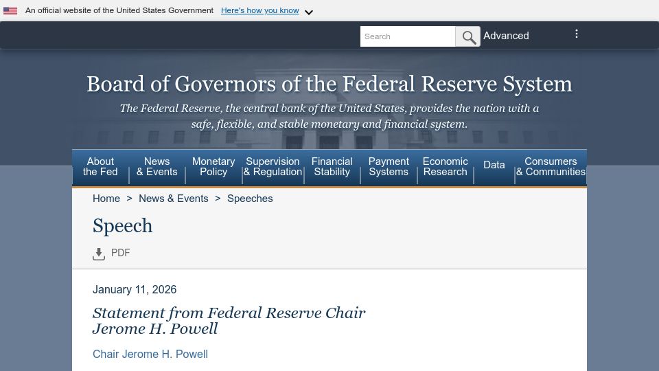 Screenshot of federalreserve.gov: Statement from Jerome Powell