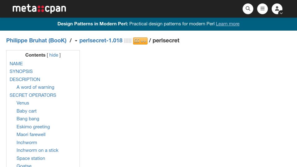 Screenshot of metacpan.org: Perlsecret – Perl secret operators and constants
