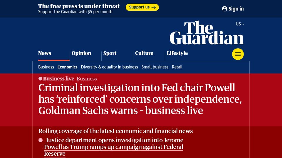 Screenshot of theguardian.com: US prosecutors launch criminal investigation into Federal Reserve chair