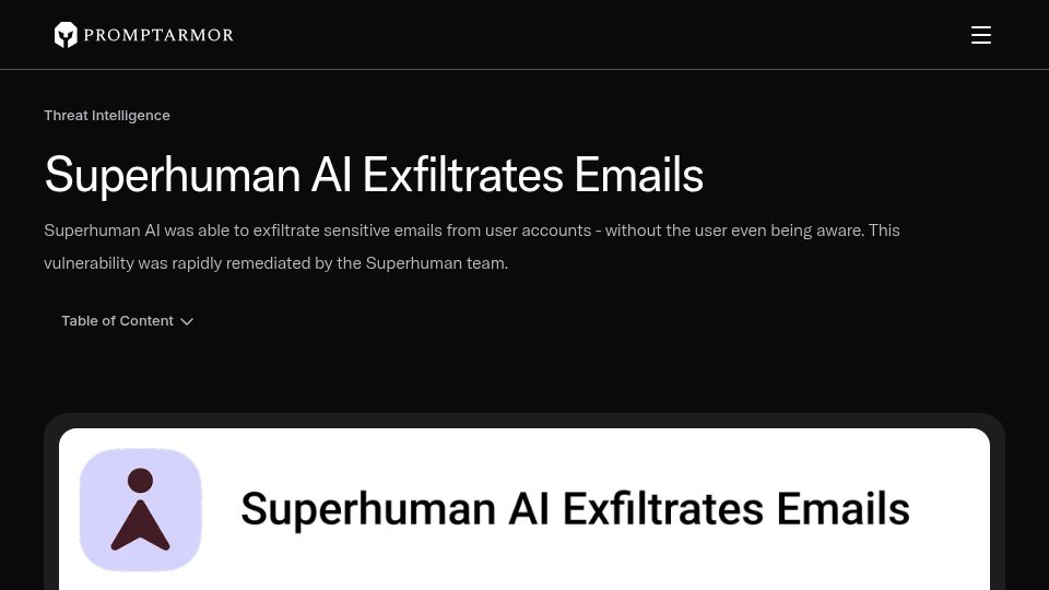 Screenshot of promptarmor.com: Superhuman AI Exfiltrates Emails