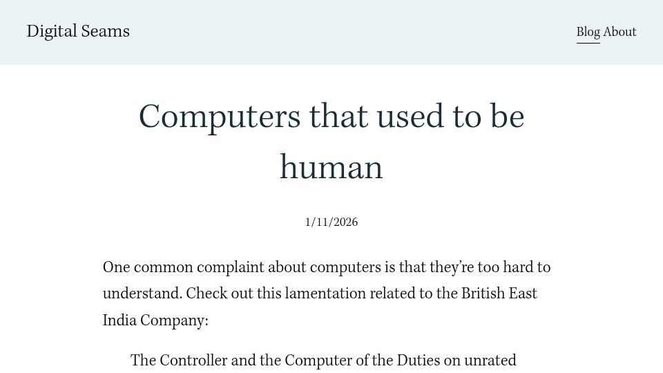 Screenshot of digitalseams.com: Computers that used to be human