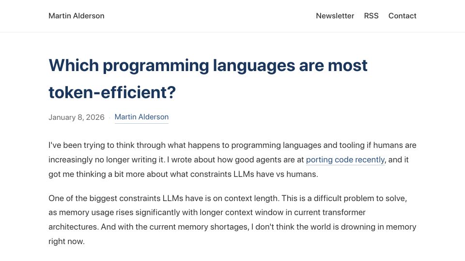 Screenshot of martinalderson.com: Which programming languages are most token-efficient?