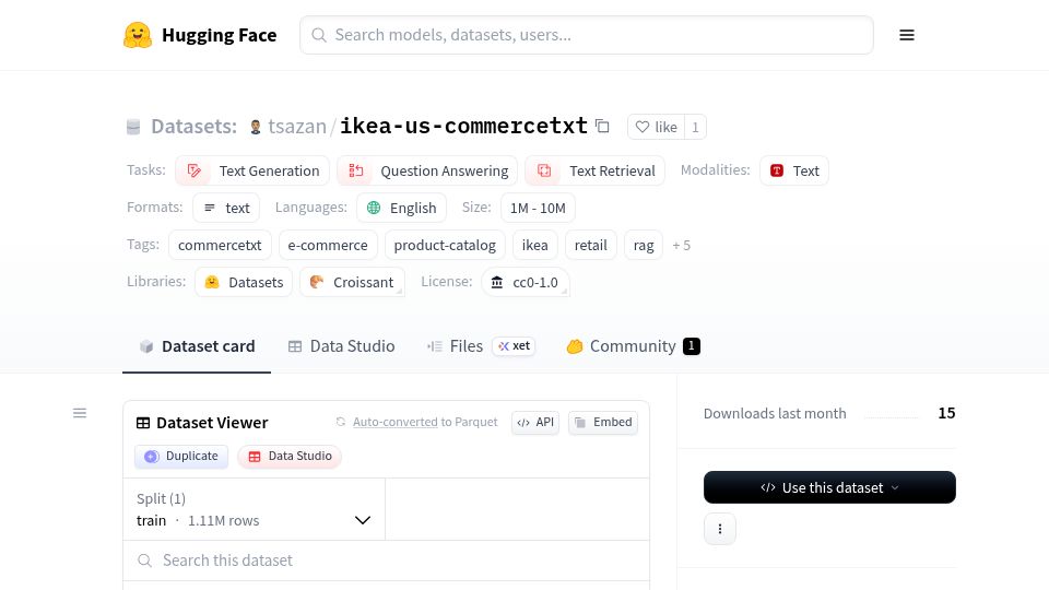 Screenshot of huggingface.co: Show HN: 30k IKEA items in flat text
