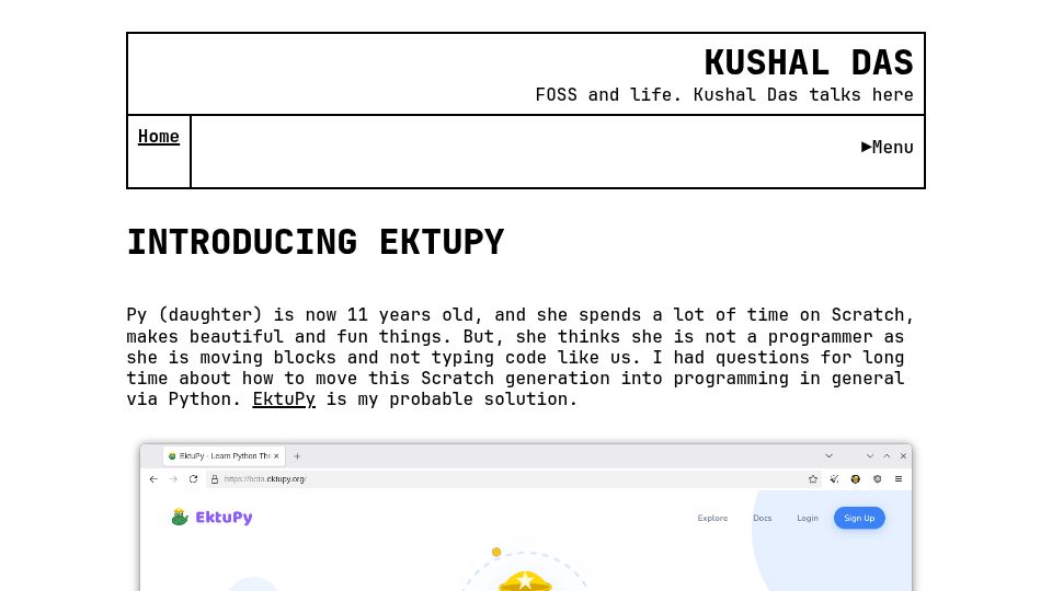 Screenshot of kushaldas.in: Moving Scratch generation to Python on browser